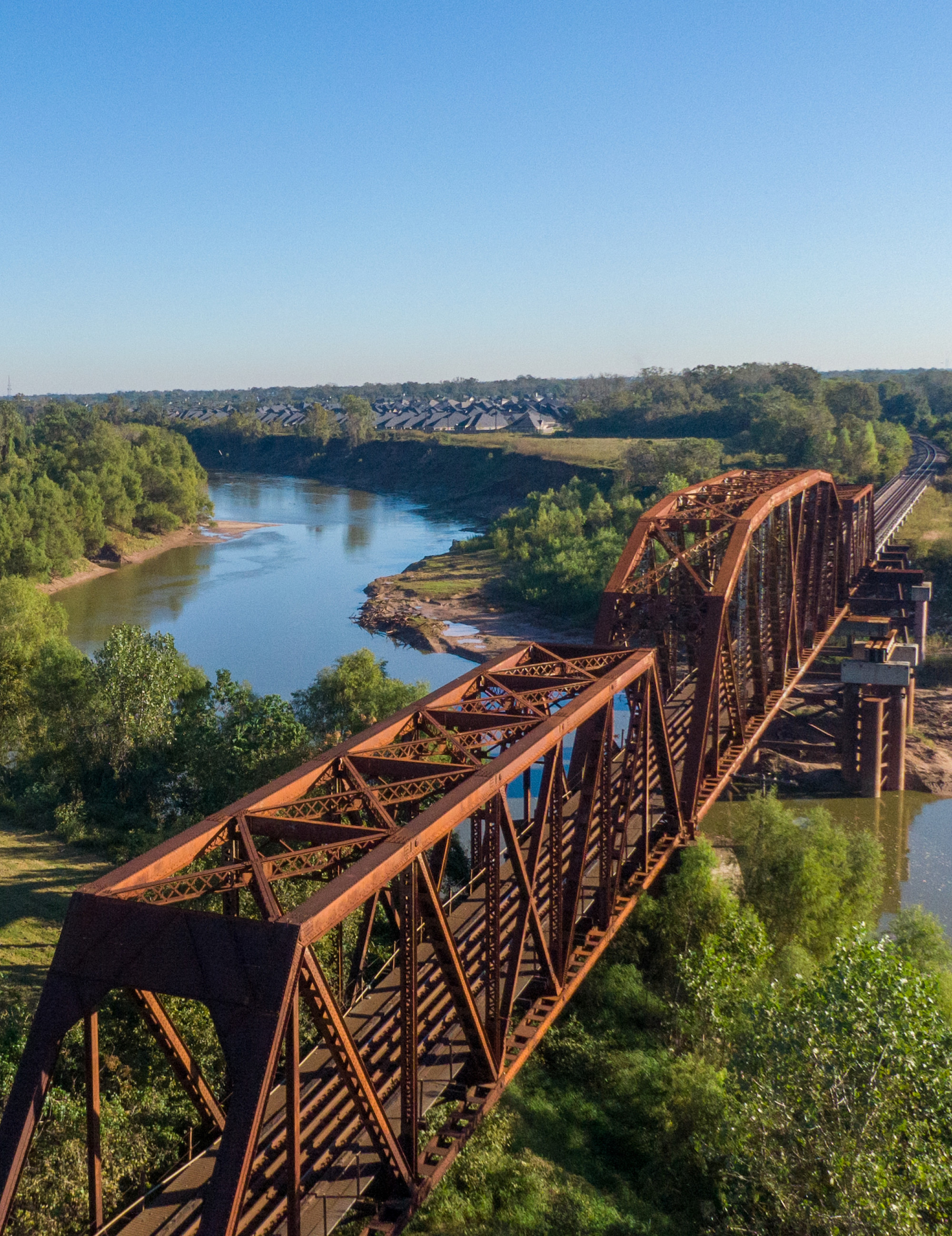 Aerial view of the richmond train bridge over the brazos river